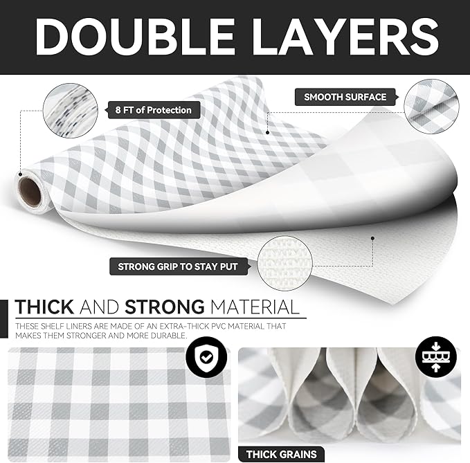 RAY STAR Shelf Liners for Kitchen Cabinets Non-Adhesive, 18 Inch X 8 Feet Cabinet Liners for Shelves Waterproof Non Slip Grip Bottom Drawer Pantry Liner Gingham Checkered Grey (2 Rolls)