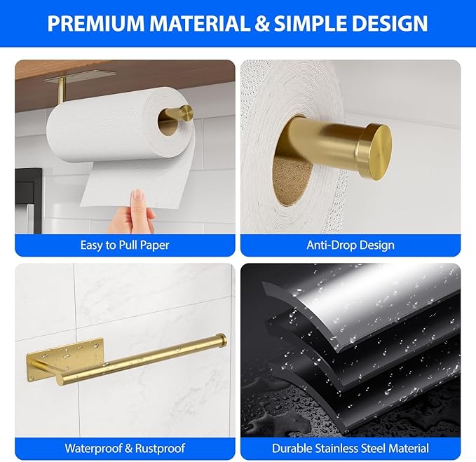 Paper Towel Holder Under Cabinet, Self-Adhesive,No Drilling, Stainless Steel, Wall-Mounted for Kitchen and Bathroom, Easy Install, Durable, Space-Saving, Ideal for Home, RV (Gold, 1 Pack)