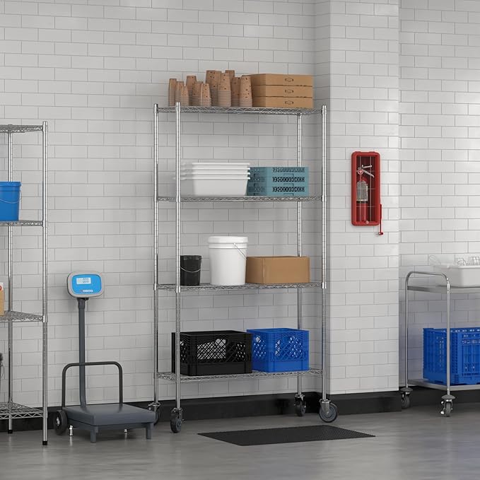 Commercial NSF Listed Chrome Mobile Wire Shelving Kit 14" x 42" x 80", with 4 Shelves Perfect for Warehouse, Walk-in Refrigerator, Freezer, Grocery Store, Restaurant, Dishroom