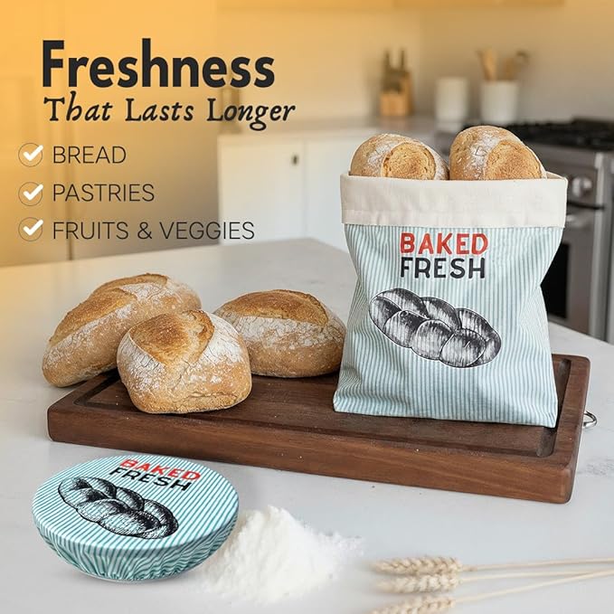 OH LA PEAR 3 pack, including - 2 XL Reusable Beeswax Bread Bags for Homemade Bread & Sourdough + 1 Bowl Cover (medium size), Eco-Friendly, Natural, Food-Safe Storage Bag to Keep Loaves Fresh Longer