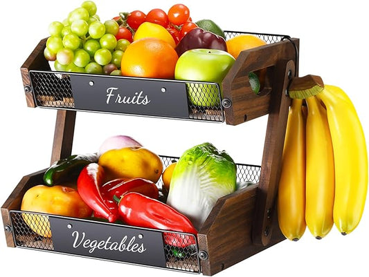 2 Tier Fruit Basket for Kitchen Counter Organizer with Banana Hangers Wooden Fruit Basket Kitchen Counter Storage Holder for Onion Potato Bread Vegetable Organize(11.8 x 9.1 x 10.6 Inches)