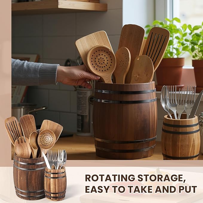 Honeydak 2 Pcs Wood Wine Barrel Kitchen Utensil Crock 7"+5.3" Vintage Rustic Burnt Cooking Tool Holder Western Wine Barrel Vase Planter Cooking Tool Holder Farmhouse Wedding Party Decoration