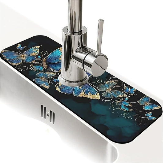 Kitchen Sink Splash Guard，Beautiful blue butterfly Faucet Mat Sink Gadgets-Super Absorbent Fast Drying Mat Drip Catcher for Kitchen, Bathroom,Sink Mat, Dish Drying Mat, Bathroom(15" X 5.5" )