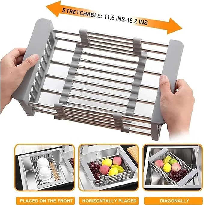 Extend Kitchen Sink Drain Basket,Stainless Steel Retractable Sink Rack,Over Sink Dish Rack,Portable Telescopic Kitchen Sinks Accessories,Extender Basket for Vegetables Fruits and Dishes(Black,Large)