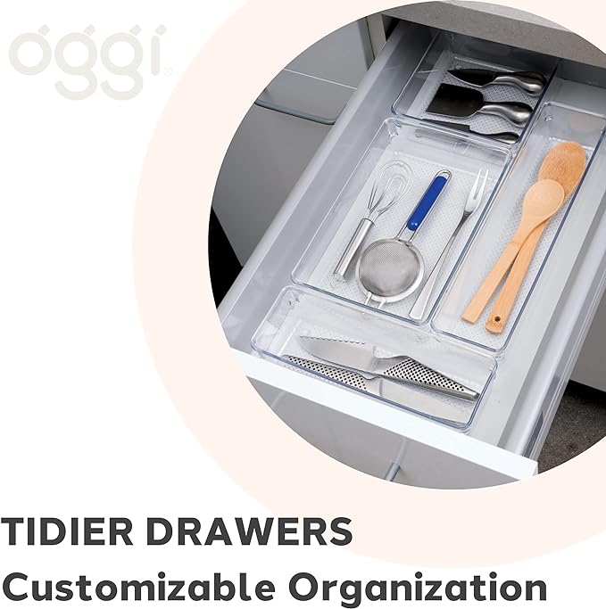 Oggi Clear Drawer Organizer - 3" X 9.5" (Set of 6) - Ideal for Organizing Kitchen Drawers, Office, Desk, Silverware, Kitchen Utensils, Cosmetics and Bathrooms