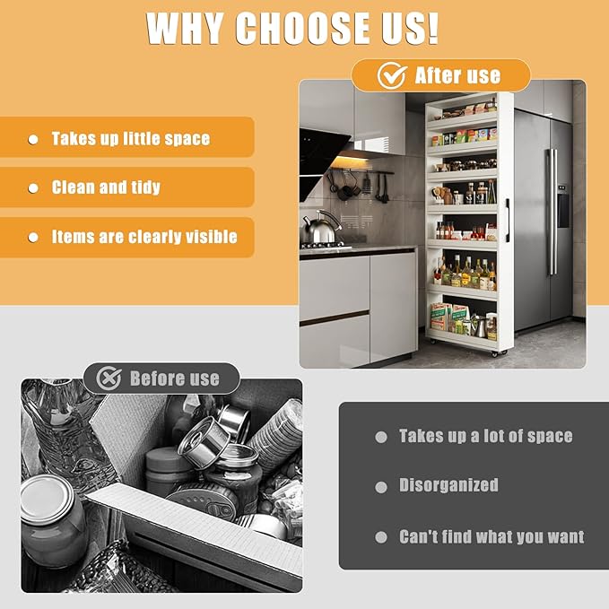 Slim Storage Cart,Rolling Spice Rack Next to Fridge Slim,Kitchen Rolling Cart,Narrow Storage Cabinet, Wood Storage Organizer,for Kitchen,Bakers,Pantry,Dining Room White 5.9x19.7x72.4in