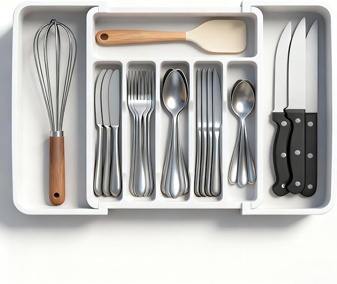 Expandable Large Silverware Tray For Drawer Organizer, Kitchen Cooking Utensil Drawer Organizer For Spoons Forks Knives, Adjustable Cutlery Flatware Holder 13"-22.4" X 14.7" X 2" (White)