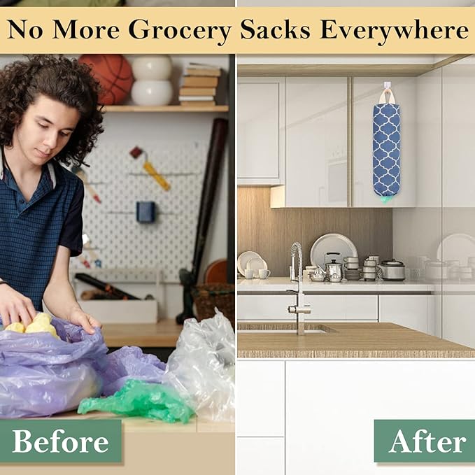 Plastic Bag Holder, Washable Grocery Bag Holder for Plastic Bags, Strong Plastic Bag Storage Dispenser with Hanging Loop, Wall Mount Trash Bag Dispenser for Home Kitchen Cabinet (Navy Blue)