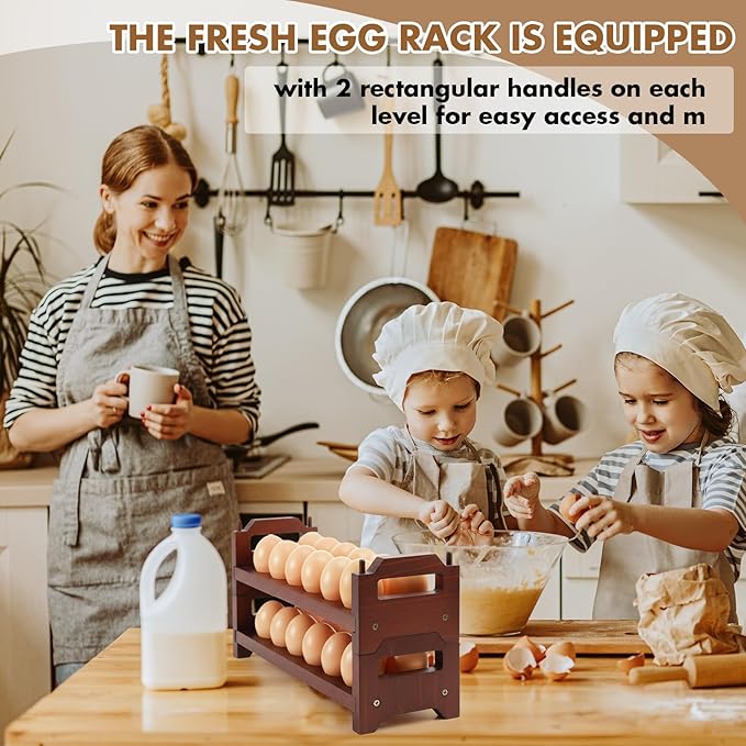 Maxcheck 6-Tier Stackable Egg Holder Acacia Wood Egg Storage Rack with Handles Shelf Storage up to 108 Countertop Organizer for Kitchen, Refrigerator