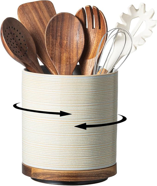 Utensil Holder, 360° Rotating Extra Large Ceramic Kitchen Utensil Holder for Countertop, 7.3“ Cooking Utensil Crocks for Kitchen Counter with Rotatable Wooden Base, Farmhouse Decor, Dusty Green