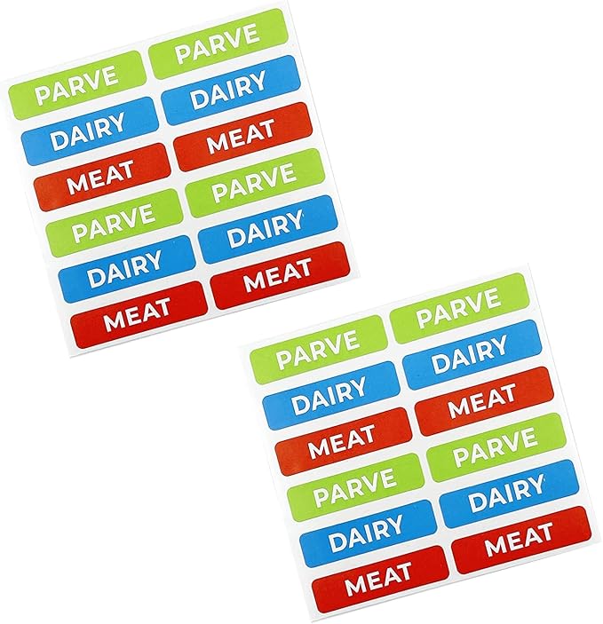 Kosher Sticker Labels, 48-Pack, 16 Blue Dairy, 16 Red Meat, 16 Green Parve Stickers, Oven Proof up to 500° F, Freezable, Microwavable, Dishwasher Safe, English, Color Coded Tools