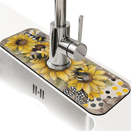Kitchen Sink Splash Guard，Sunflower-with bumblebees Faucet Mat Sink Gadgets-Super Absorbent Fast Drying Mat Drip Catcher for Kitchen, Bathroom,Sink Mat, Dish Drying Mat, Bathroom(15" X 5.5" )