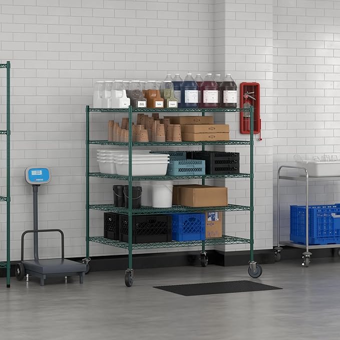 Commercial NSF Listed Green Epoxy Mobile Wire Shelving Kit 36" x 48" x 60", with 5 Shelves Perfect for Warehouse, Walk-in Refrigerator, Freezer, Grocery Store, Restaurant, Dishroom