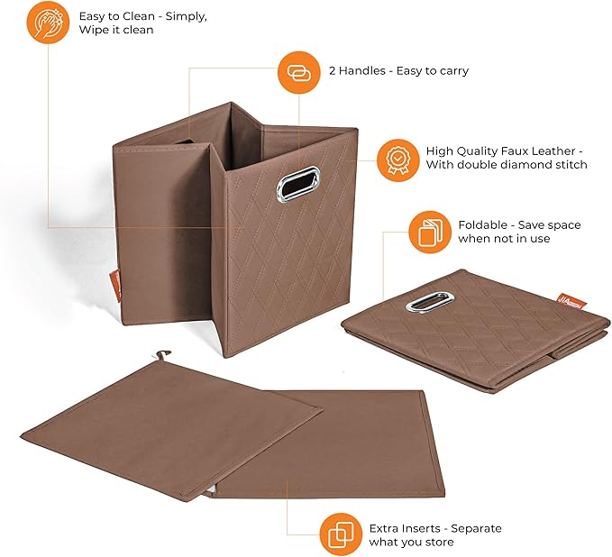 FH Group JIAessentials 13" Faux Leather Foldable Storage Cube Bins Set of 2 – Brown Diamond Patterned Organizers with Handles for Closet & Shelves