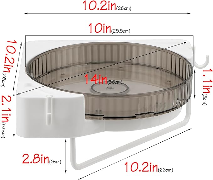 360° Rotating Corner Shower Caddy, No Drill Adhesive Turntable Shelf, Spinning Bathroom Organizer Rack with Towel Bar & Hooks for Shampoo Makeup Kitchen Spice (Grey)