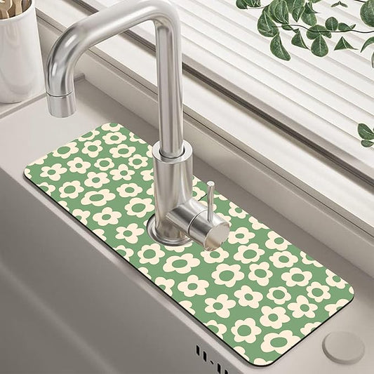 Vintage Groovy Flowers Sink Faucet Absorbing Mat Splash Guard Behind Sink Absorbent Fast Drying Draining Mat for Bathroom Kitchen 5.5"15