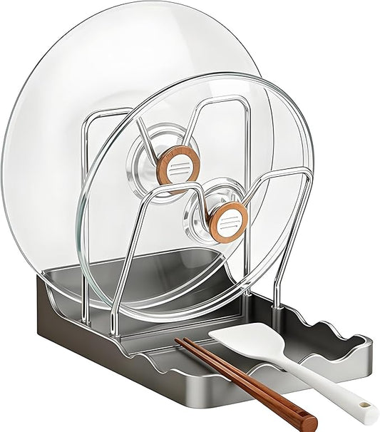 Kitchen Pot Lid Storage Rack, Pot Lid Holder With Tray, Lid Holder While Cooking, Lid And Spoon Rest, Multifunctional Kitchen Organizer Stand for Stove Top