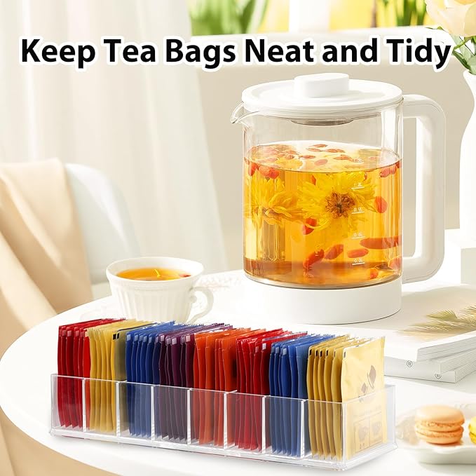 6 Pack Tea Bag Organizer, Clear Plastic Tea Bag Holder with Adhesive Non-Slip Pads, 8-Compartment Sugar & Drink Packet Organizer for Kitchen Storage Organization, Break Room, Pantry Even Drawer