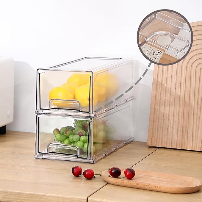 PiJeyiee 2 Pack Clear Stackable Refrigerator Organizers and Storage Drawers - Pull-Out Fridge Bins with Anti-Slip Base & Easy Clean, Plastic Organizers for Kitchen Pantry Cabinet Closet (Medium)