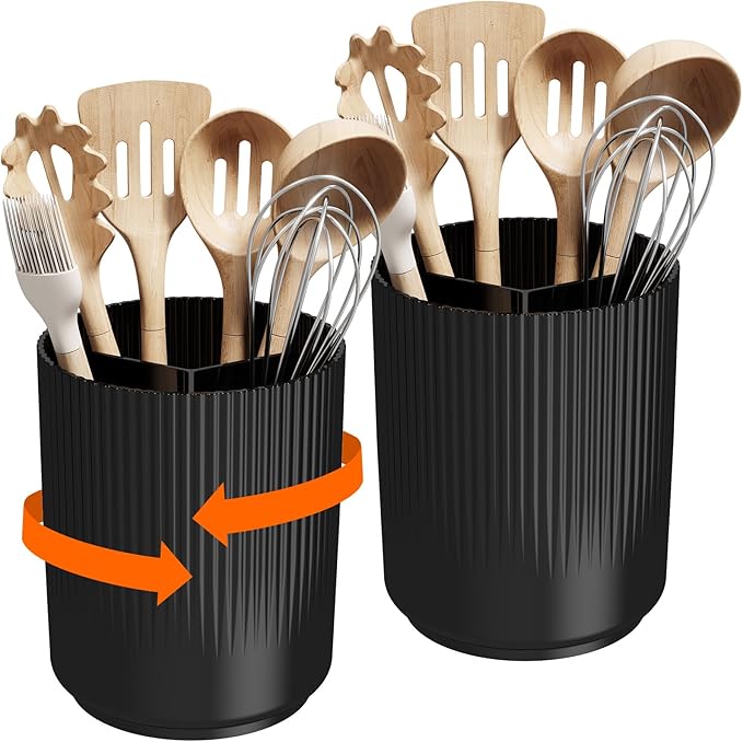 Lifewit 7.5" Plastic Utensil Holder for Kitchen Counter, Cooking Silverware Caddy with Non-Slip Rotating Base, 3 Compartment Spoon Spatula Cutlery Flatware Organizer with Dry Draining, Black, 2 Pack