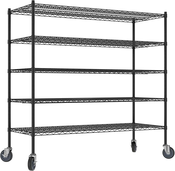 Commercial NSF Listed Black Epoxy Mobile Wire Shelving Kit 24" x 60" x 60", with 5 Shelves Perfect for Warehouse, Walk-in Refrigerator, Freezer, Grocery Store, Restaurant, Dishroom