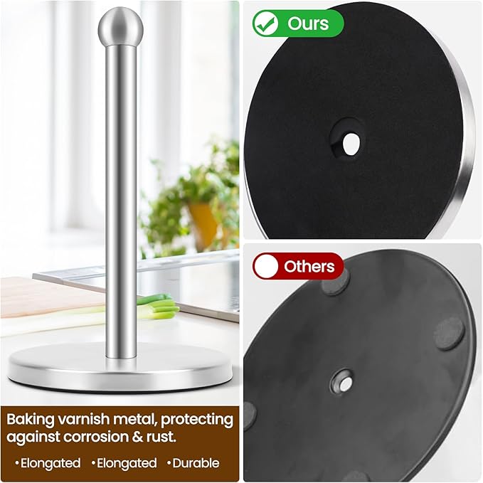 Paper Towel Holder, Kitchen Paper Towels Holder Stand, Stainless Steel Paper Towel Holder -Weighted Base, Non-Slip Protect The countertop - Silver