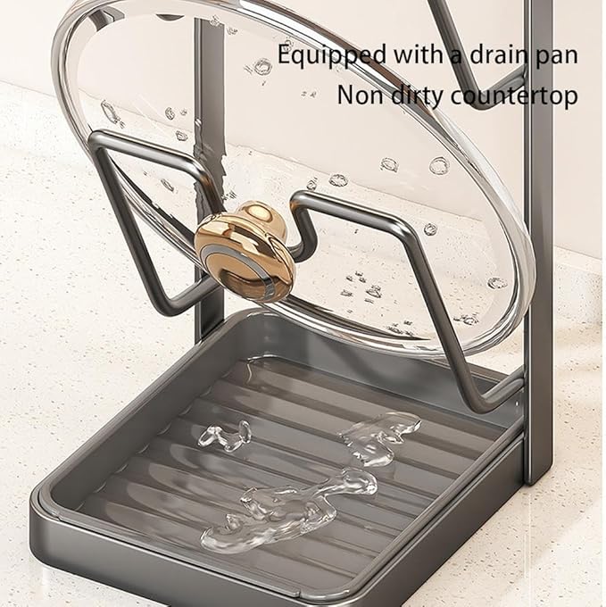 Kitchen Pot Lid Storage Rack, Pot Lid Holder With Tray,304 Stainless Steel Pots Lids Holder While Cooking, Multifunctional Kitchen Pots Cover Organizer for Countertop