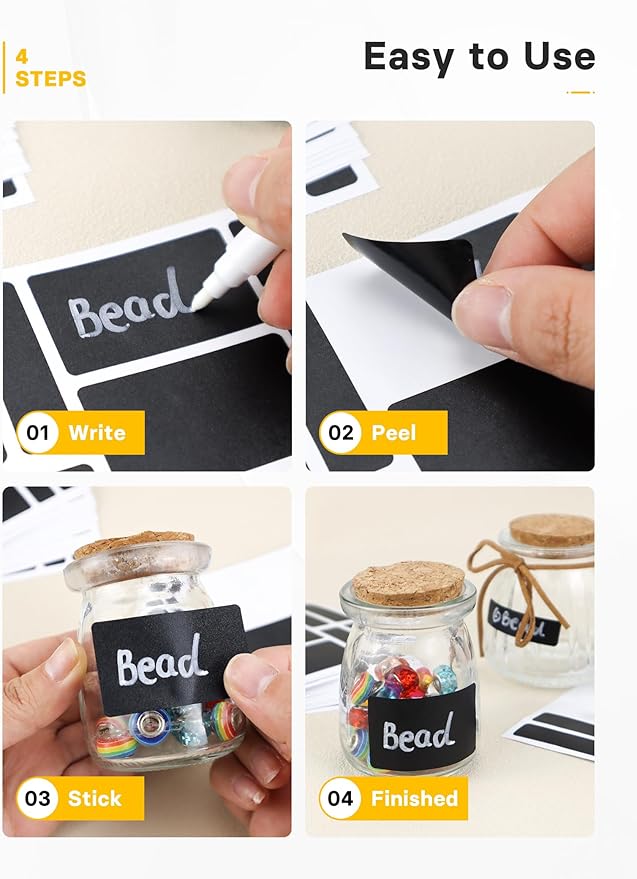 GAUENEEN 340 Pcs Removable Chalkboard Labels, 4 Sizes, Erasable Reusable Labels for Storage Bins, Pantry Label Stickers for Containers, 2 Liquid Chalk Pens Included