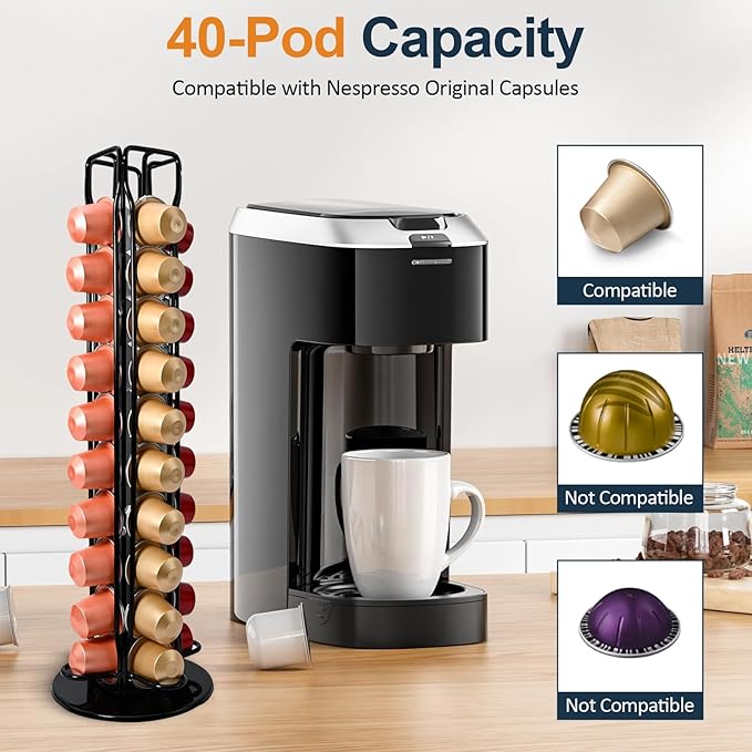 Coffee Pod Holder Carousel for Nespresso OriginalLine – 360° Rotating Capsule Organizer Holds 40 Pods, Space-Saving Countertop Storage Organizer Espresso Pod Rack for Home & Office (Black)