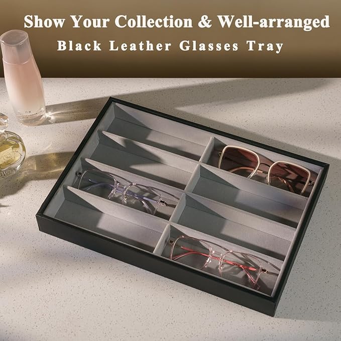 Glasses Holder Box Drawer Sunglass Organizer for Men Clear Wide Storage Case 8 Slots Multiple Reading Glasses Display, Black Leather