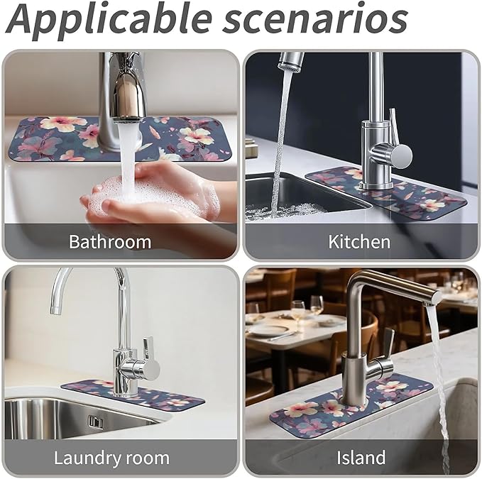 Kitchen Sink Splash Guard，Japanese camellia butterfly Faucet Mat Sink Gadgets-Super Absorbent Fast Drying Mat Drip Catcher for Kitchen, Bathroom,Sink Mat, Dish Drying Mat, Bathroom(15" X 5.5" )