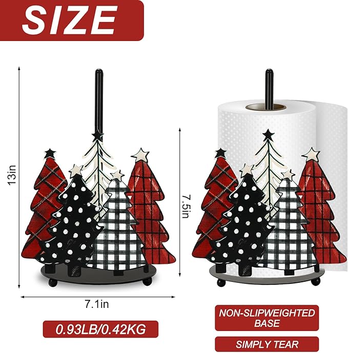 JarThenaAMCS Christmas Paper Towel Holder Waterclor Buffalo Plaid Xmas Tree Kitchen Decor Accessories Large Metal Towel Holder Stand for Winter Home Bathroom Countertop