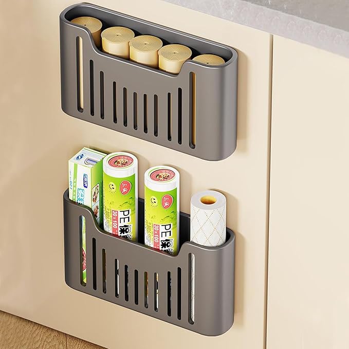 Kitchen Cabinet Door Storage Box, Self-Adhesive Wall-Mounted Storage Box, Wardrobe/Bathroom/Refrigerator Small Item Organizer (Grey)