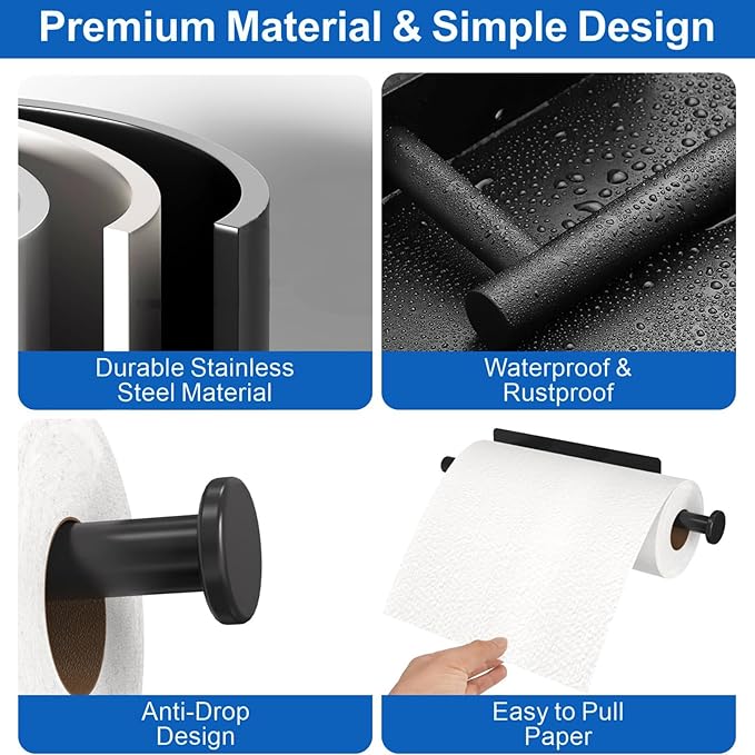 Magnetic Paper Towel Holder - No Drill, Black Paper Towel Roll Holder Magnet Towel Rack Wall Mount Fridge Organizer for Kitchen RV Grill Garage