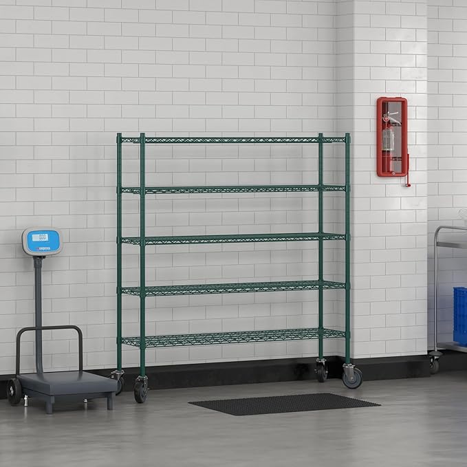 Commercial NSF Listed Green Epoxy Mobile Wire Shelving Kit 14" x 54" x 60", with 5 Shelves Perfect for Warehouse, Walk-in Refrigerator, Freezer, Grocery Store, Restaurant, Dishroom