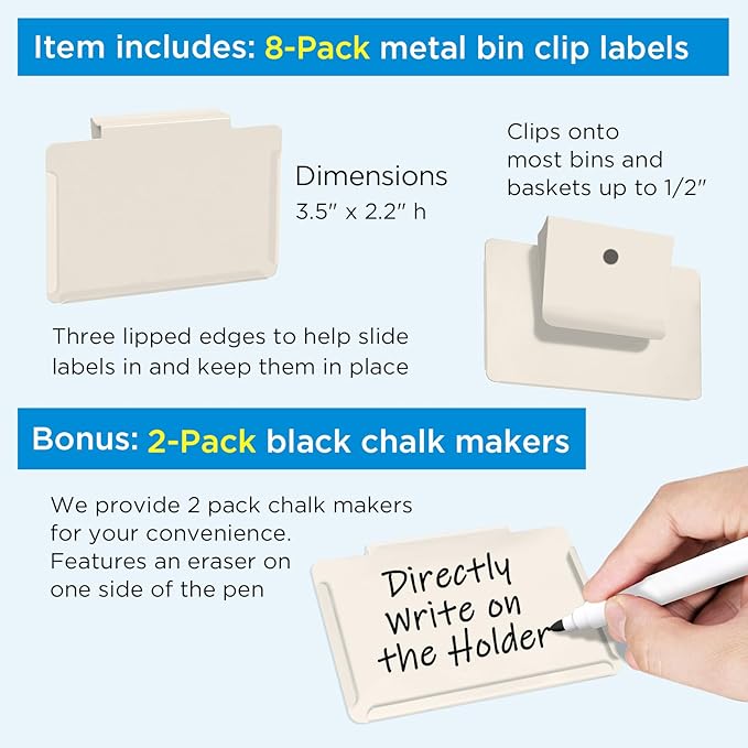 trohestar Metal Pantry Baskets Labels Clip On for Storage Bins | Edge Fold-Cream (Edge Fold-Cream, 8 Metal Label Clip)