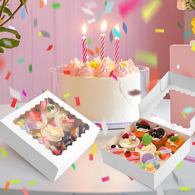 40 pcs 8x8x2.5 Inches Cake Box with Window, Bakery Pastry Cookie Boxes, Mini Pie for Pastry,Dessert,Strawberries,Chocolates（White）