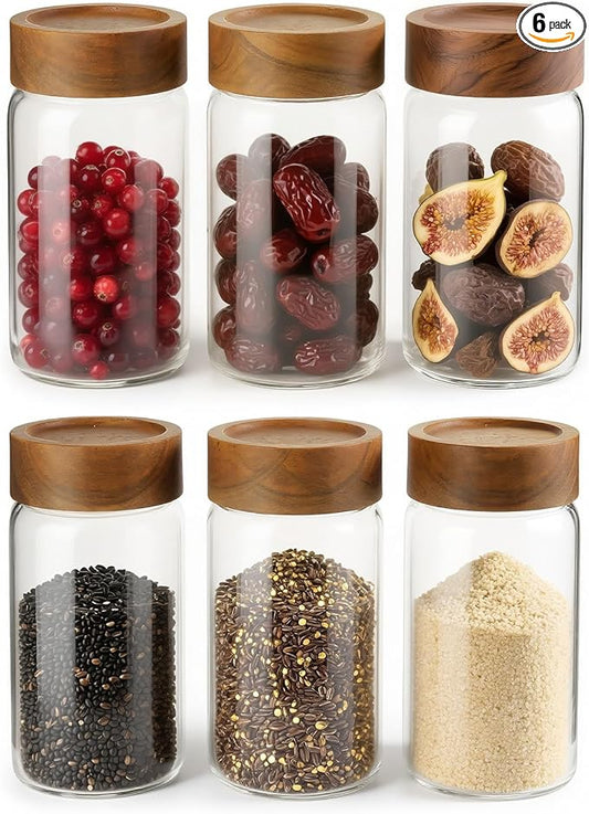 6-Pack 10 oz Airtight Food-Grade Glass Mason Jars with Acacia Wood Lids - Sealable, Waterproof & Stackable Canister Set for Overnight Oats, Dry Goods, Baking Supplies & Pantry Organization
