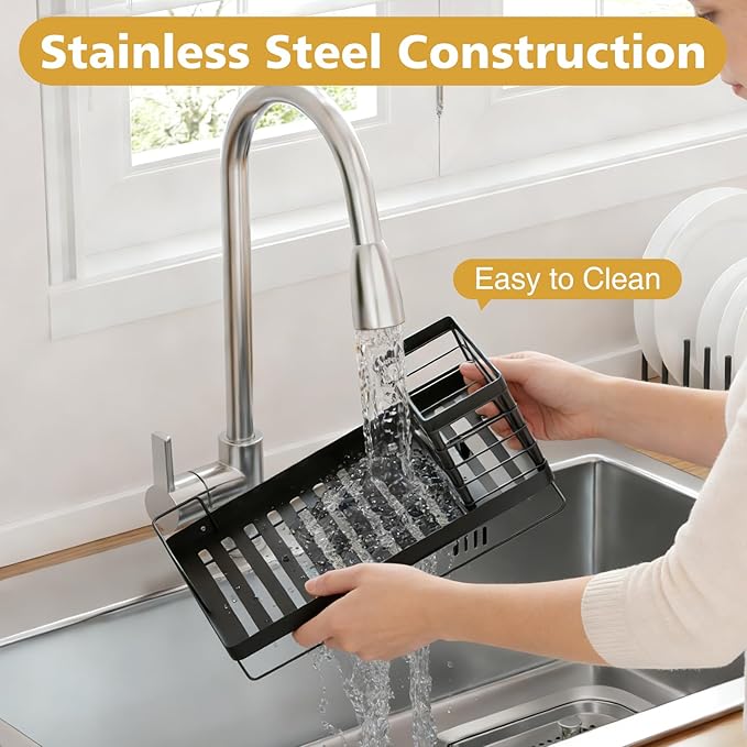 Sponge Holder for Kitchen Sink Caddy with High Brush Holder,Stainless Steel Kitchen Sink Organizer Set with 2 Lotion Dispenser,Kitchen Accessories Storage for Countertop