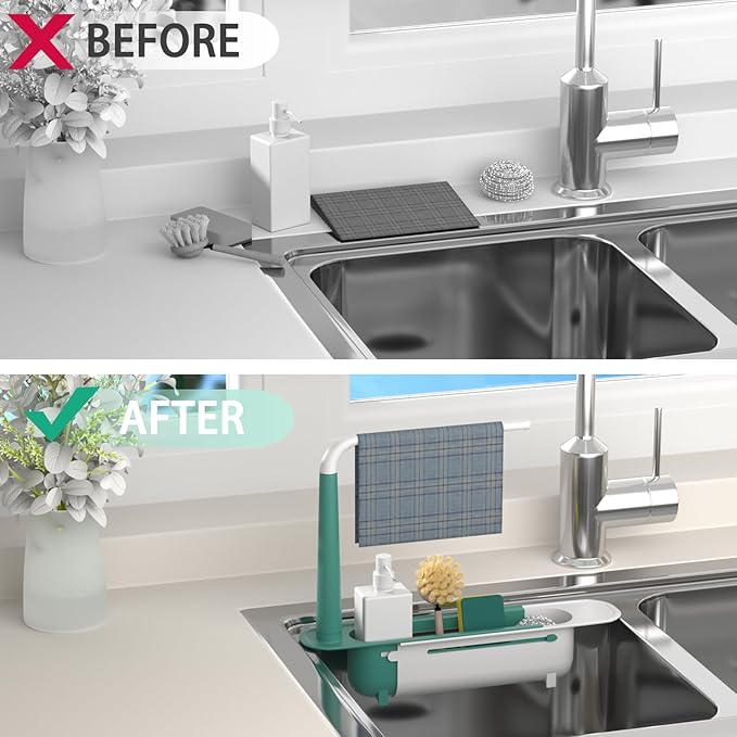 Telescopic Sink Storage Rack Adjustable with 2 Sponge - Sink Caddy Sponge Holder for kitchen sink(Green)