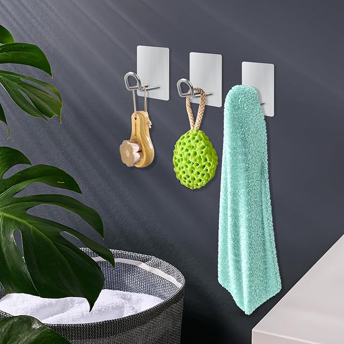 Quavzotu Self Adhesive Hooks Heavy Duty, Large Stainless Steel Towel Hooks, No Drill Sticky Hooks, Long Stick on Shower Wall Hooks for Hanging Hat Coat Key Headphone (Silver(6Pcs))