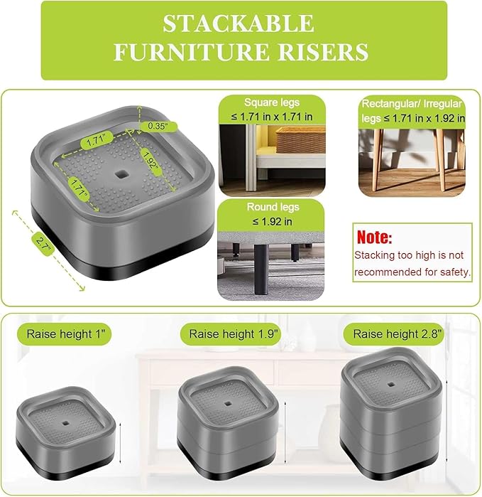 18 Pack Furniture Risers 1, 2 or 3 Inch, Adjustable Bed Risers Heavy Duty For Table Desk Couch Chair Sofa Cabinet Bed Legs Dorm, Square Stackable Bed Raisers Blocks Lift Height 1", 2" or 3", Grey