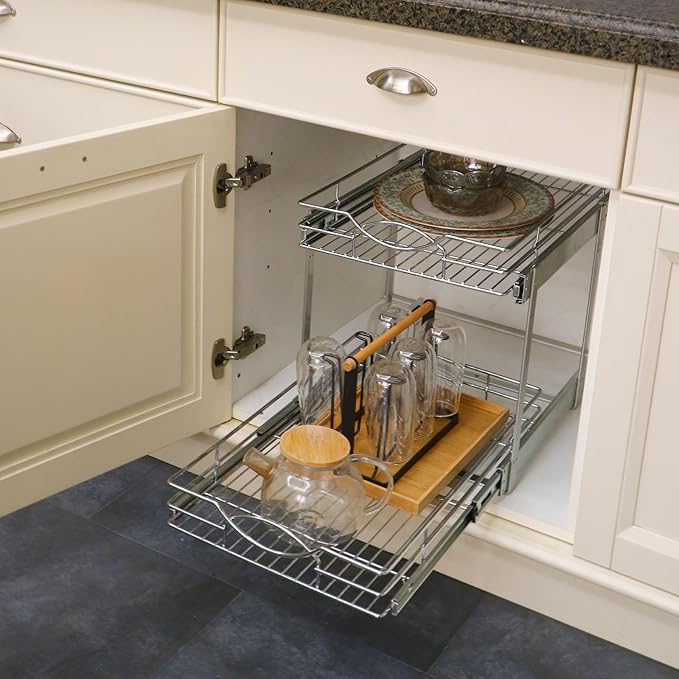 Pull Out Cabinet Organizer 14" W x 21" D 2-Tier Individual Slide Out Drawer Pantry Shelf Storage for Kitchen Base Cabinet Organization for Kitchen, Bathroom, Pantry, Chrome