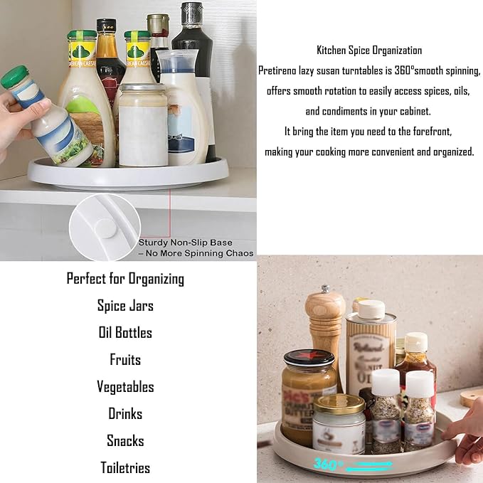 2 Tier Non Skid Spice Rack Turntable, 10 Inch Spinning Organizer, Non Skid Lazy Susan Turntable, 360° Rotating Seasoning Organizer for Kitchen, Pantry Cabinet, Refrigerator, Bathroom, Gray & White