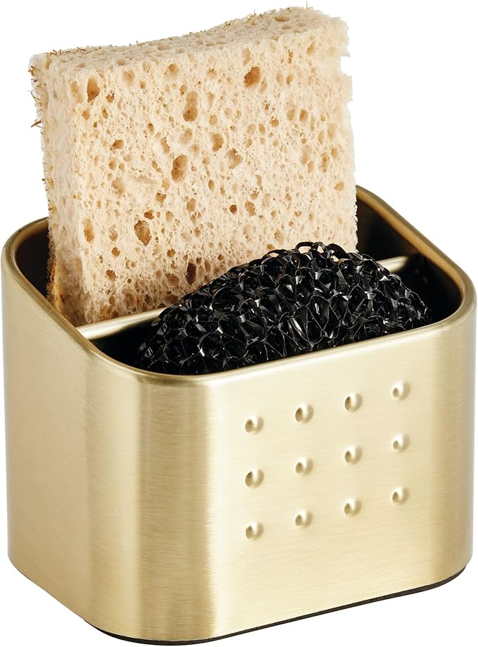 iDesign Sponge and Scrubber Holder with 2 Compartments for Kitchen Sink - Soft Brass