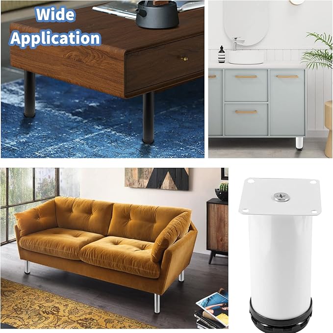 Set of 4 Stainless Steel Furniture Legs 5 Inch, Adjustable Round Cabinet Legs 2" Dia Kitchen Feet, Metal Replacement Legs for Cabinet Sofa Couch Shelves Table (White)