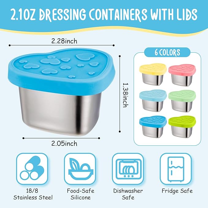 12 Pcs Heart Shaped Salad Dressing Container with Lids 2.1 oz Stainless Steel Small Condiment Containers Reusable Meal Prep Sauce Cups for Lunch Bento Box Picnic Work Kitchen Storage