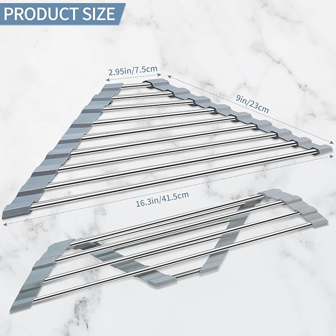 Triangle Roll-Up Dish Drying Rack, 304 Stainless Steel Folding Dish Rack Over Sink Mat Drainer Kitchen Sink Organizer Accessories
