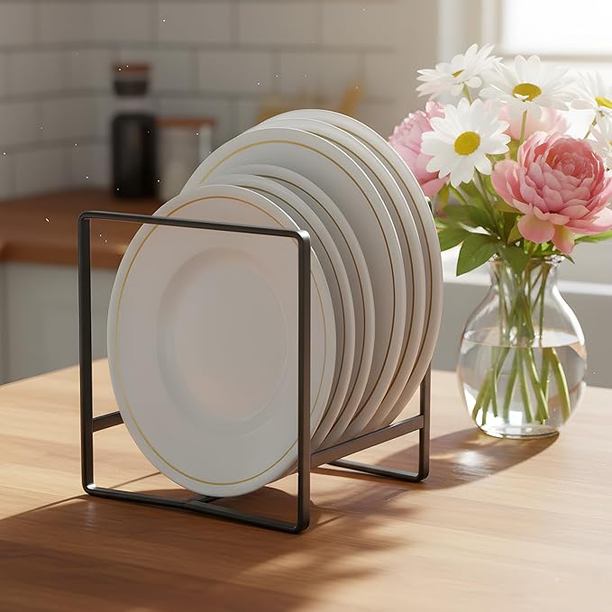 4 Pack Kitchen Plate Organizer for Cabinet, Space Saver Metal Dish Plate Storage Rack Upright Plate Dish Drying Racks Stand for Cupboard and Countertop, 2 Large & 2 Small Black