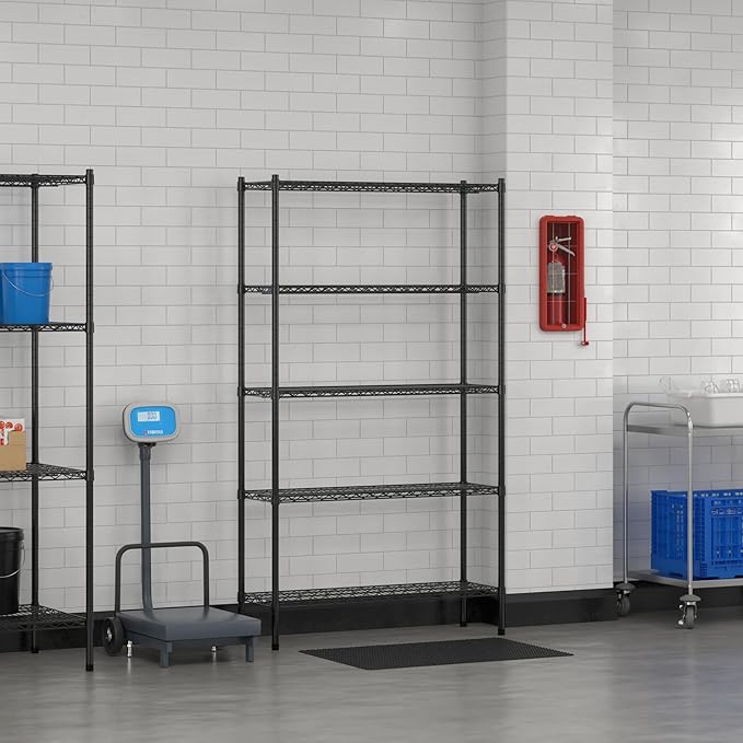 Commercial NSF Listed Black Epoxy Stationary Wire Shelving Kit 14" x 42" x 74", with 5 Shelves Perfect for Warehouse, Walk-in Refrigerator, Freezer, Grocery Store, Restaurant, Dishroom